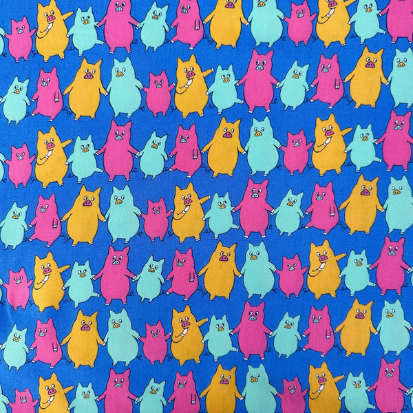 Dancing Pigs Cotton Broadcloth Fabric by Sevenberry, style B850618Z, featuring dancing pigs, in blue, imported from Japan