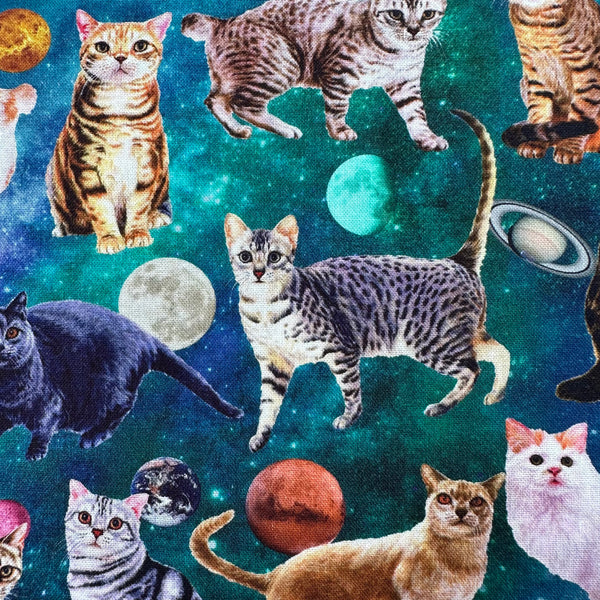 Close up of Day Dream Cat cotton fabric in Teal by Nora featuring photo-real cats scattered among moons and planets on a teal sky background