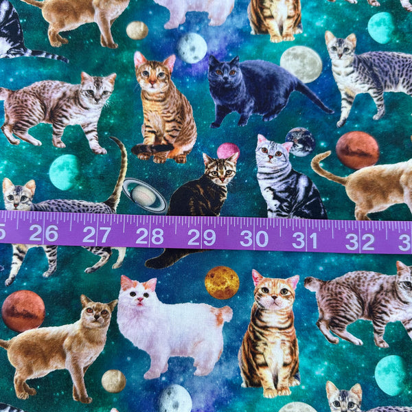 Scale of Day Dream Cat cotton fabric in Teal by Nora featuring photo-real cats scattered among moons and planets on a teal sky background