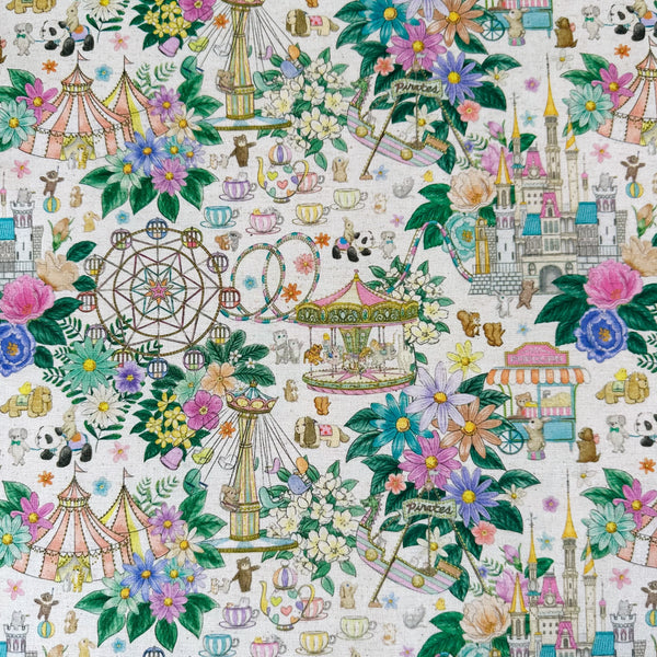 Decoration Park cotton linen fabric by Yukiemon for Hokkoh featuring a charming delicately illustrated vintage-style fun fair scene with florals, carousel rides, circus tents, and whimsical animals on a natural background, imported from Japan
