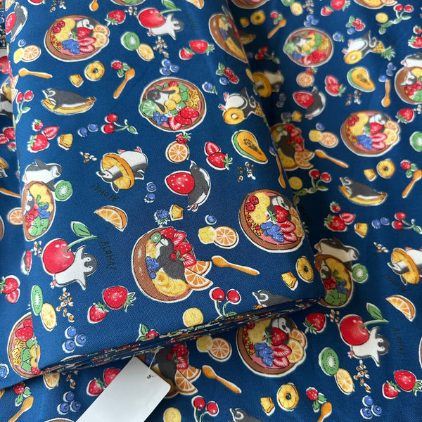 Bolt of Delicious Animals Acai Bowl Penguin cotton oxford fabric by Kokka in blue, style YGA-91070-2D