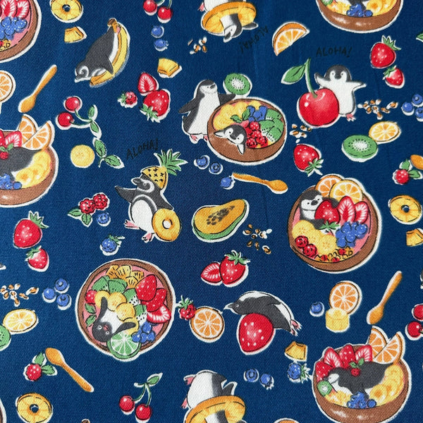 Delicious Animals Acai Bowl Penguin cotton oxford fabric by Kokka in blue, style YGA-91070-2D