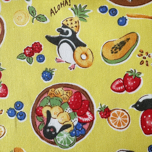 Close up of Delicious Animals Acai Bowl Penguin cotton oxford fabric by Kokka in yellow, style YGA-91070-2C