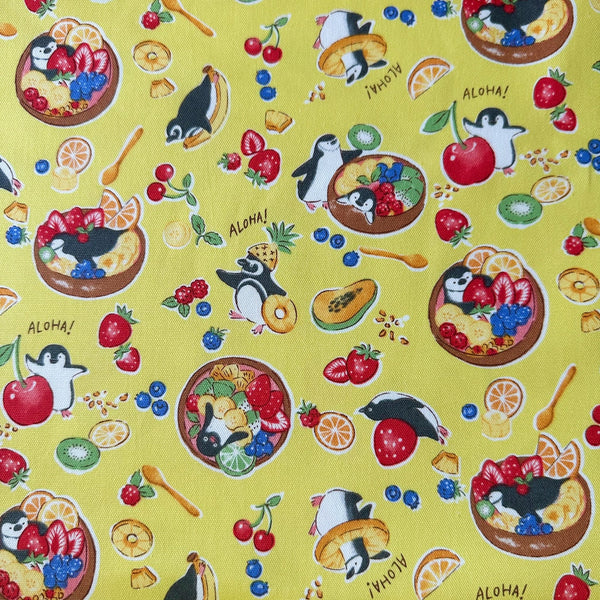 Delicious Animals Acai Bowl Penguin cotton oxford fabric by Kokka in yellow, style YGA-91070-2C