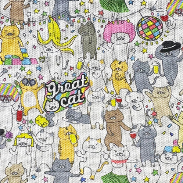 Close up of Disco Party Cats canvas fabric by Cotton Kobayashi, cotton linen blend with silly cats dancing and partying