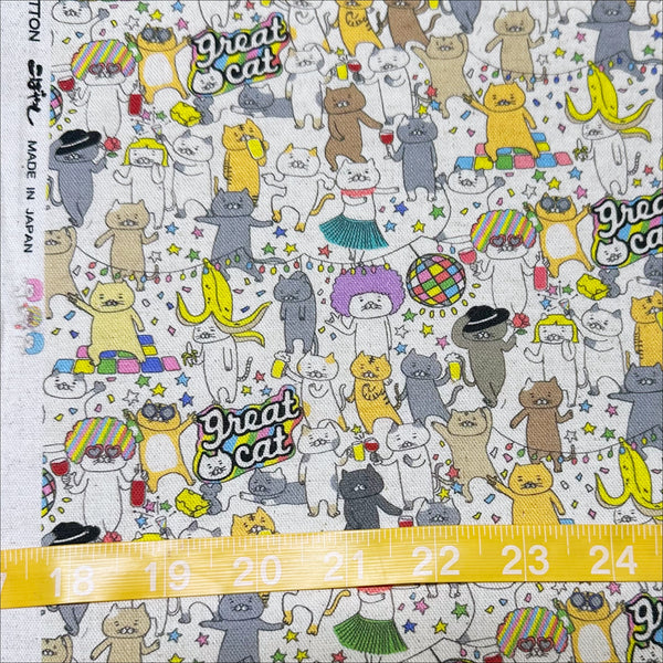 Scale of Disco Party Cats canvas fabric by Cotton Kobayashi, cotton linen blend with silly cats dancing and partying