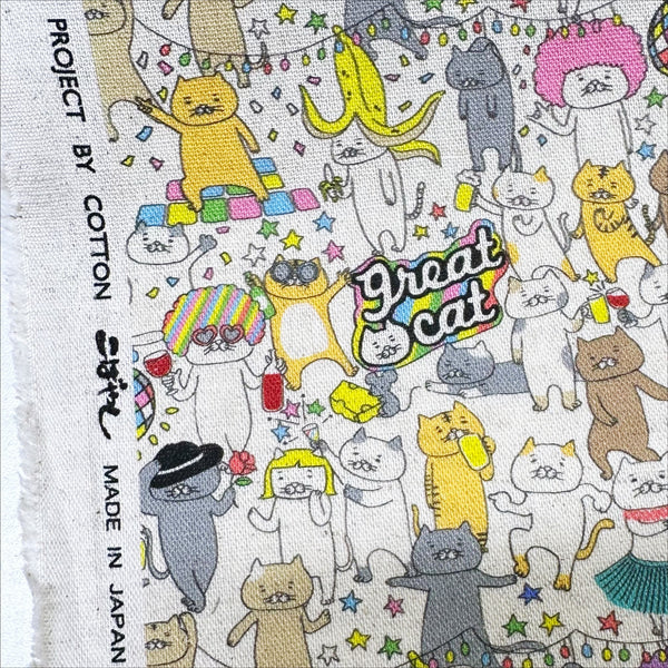 Selvage of Disco Party Cats canvas fabric by Cotton Kobayashi, cotton linen blend with silly cats dancing and partying