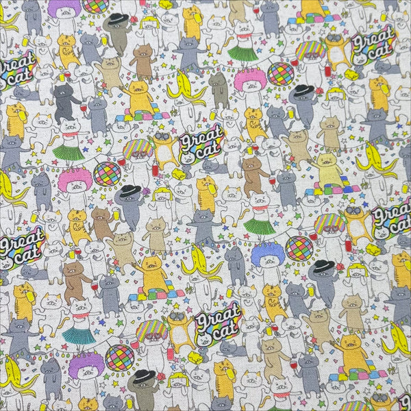 Disco Party Cats canvas fabric by Cotton Kobayashi, cotton linen blend with silly cats dancing and partying