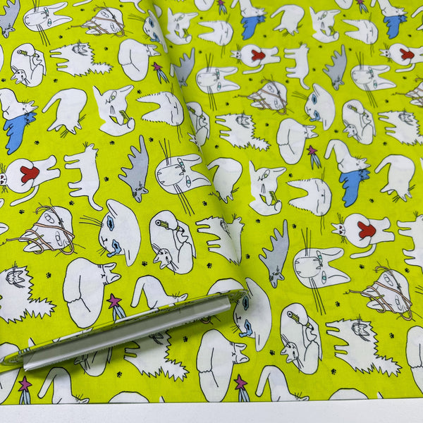 Bolt of Doodle Cat Cotton Fabric by Nora – quilt-weight cotton featuring lively, expressive cats in a doodle-style design, imported from Japan
