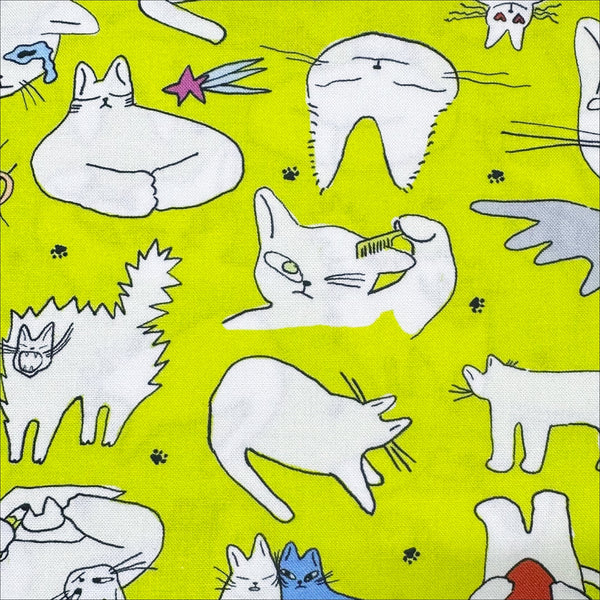 Close up of Doodle Cat Cotton Fabric by Nora – quilt-weight cotton featuring lively, expressive cats in a doodle-style design, imported from Japan