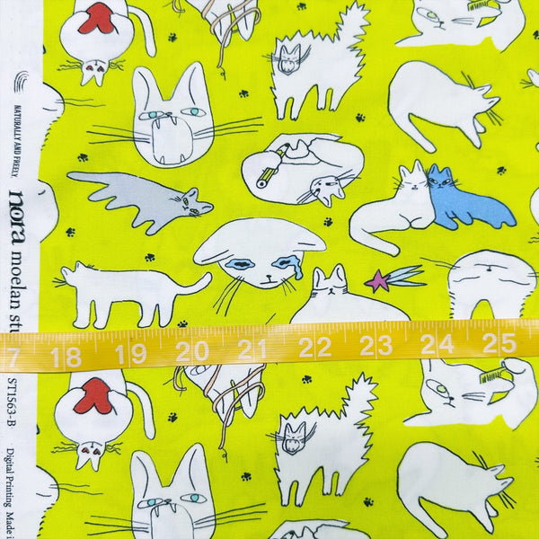 Scale of Doodle Cat Cotton Fabric by Nora – quilt-weight cotton featuring lively, expressive cats in a doodle-style design, imported from Japan
