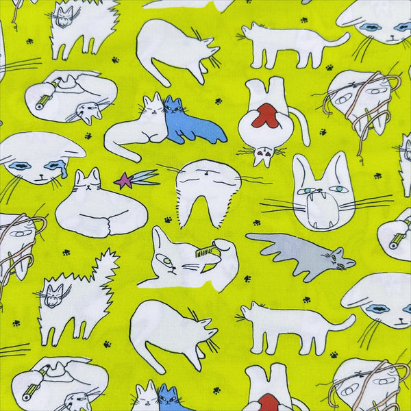 Doodle Cat Cotton Fabric by Nora – quilt-weight cotton featuring lively, expressive cats in a doodle-style design, imported from Japan