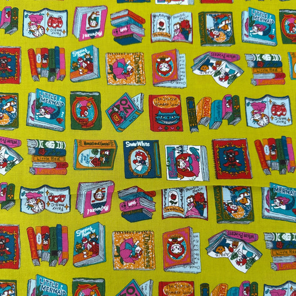 Dreaming Cat Story Books cotton fabric in chartreuse, imported from Japan