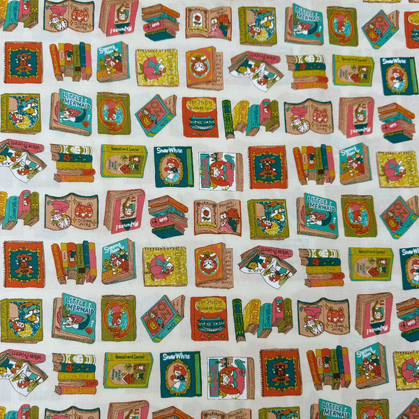 Dreaming Cat Story Books cotton fabric in ivory, imported from Japan