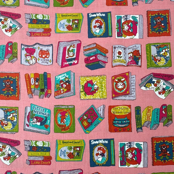 Dreaming Cat Story Books cotton fabric in pink, imported from Japan
