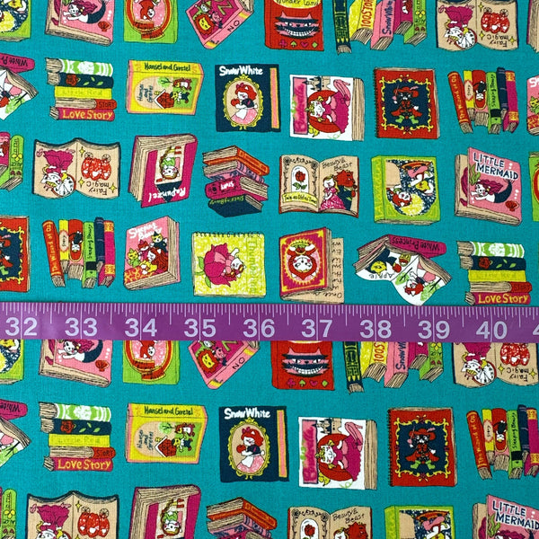 Scale of Dreaming Cat Story Books cotton fabric in teal, imported from Japan