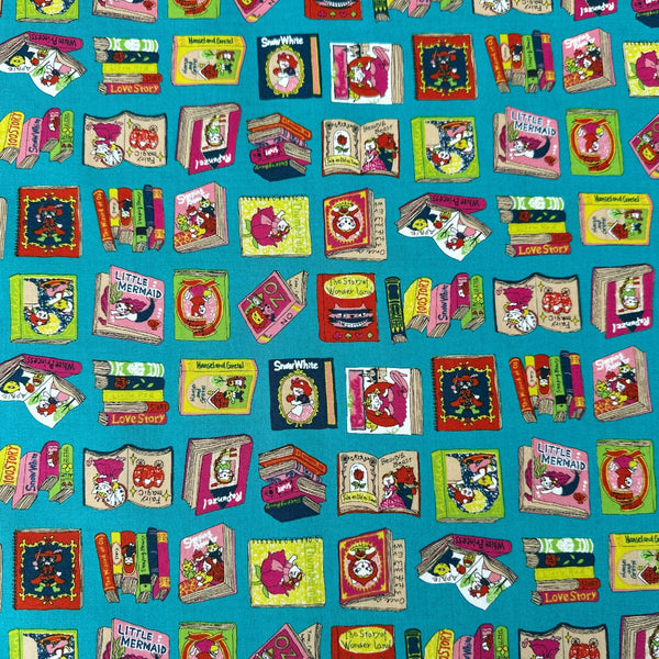 Dreaming Cat Story Books cotton fabric in teal, imported from Japan