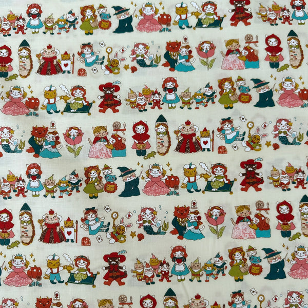 Dreaming Cat Story Characters cotton fabric in Ivory, imported from Japan
