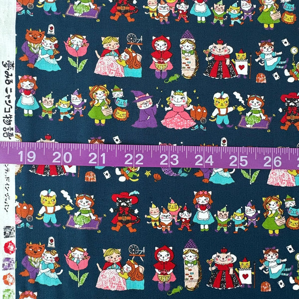 Scale of Dreaming Cat Story Characters cotton fabric in navy, imported from Japan