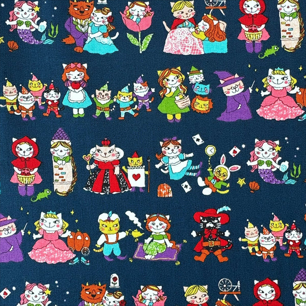 Dreaming Cat Story Characters cotton fabric in navy, imported from Japan
