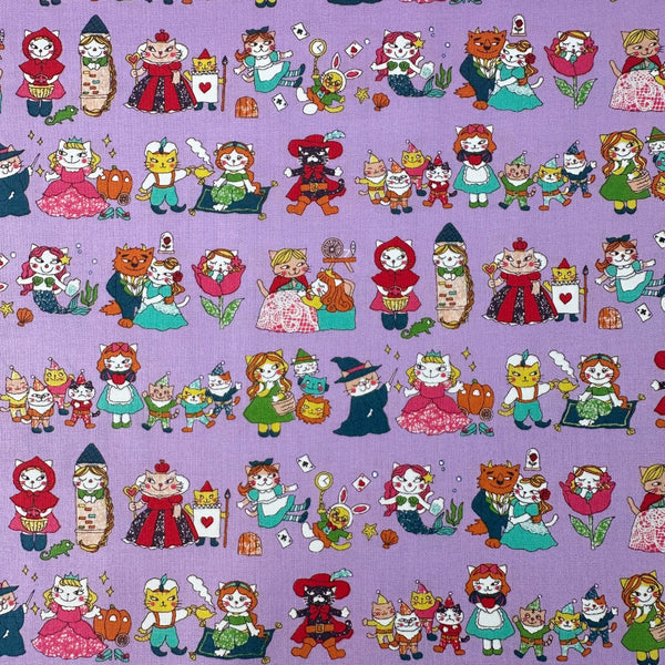 Dreaming Cat Story Characters cotton fabric in purple, imported from Japan