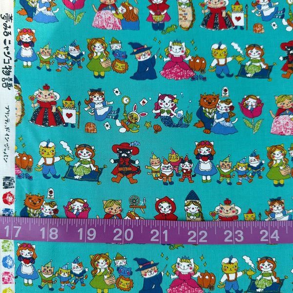 Scale of Dreaming Cat Story Characters cotton fabric in teal, imported from Japan