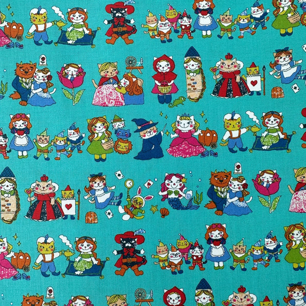 Dreaming Cat Story Characters cotton fabric in teal, imported from Japan