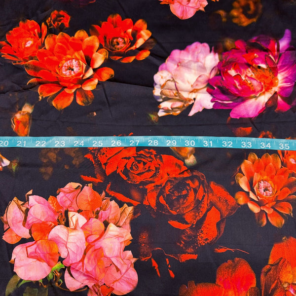 Digitally Printed Vibrant Floral Printed Italian Stretch Cotton Sateen Fabric, Made In Italy, Photo Real Apparel Fabric