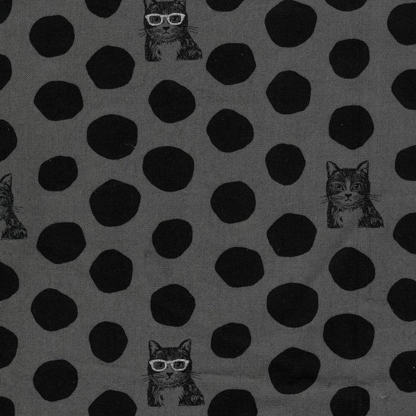 Echino Nekonoe Cat Cotton Linen Canvas Fabric by Etsuko Furuya for Kokka Japan, featuring cat portraits and polka dots in charcoal and black