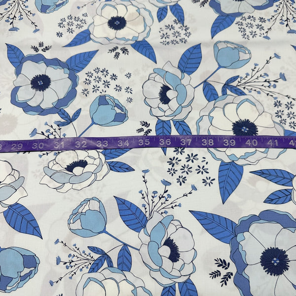 True Blue Sprinkled Peonies Azul by Maureen Cracknell Cotton Fabric, AGF Art Gallery Fabrics TBL89503