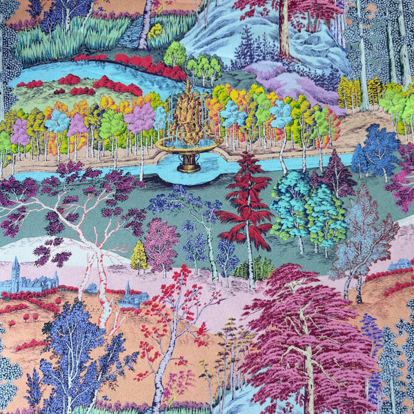 Eden Panorama cotton fabric by Nora featuring a richly detailed landscape with a flowing river, dense forest, and vibrant colors, imported from Japan