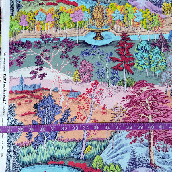 Scale of Eden Panorama cotton fabric by Nora featuring a richly detailed landscape with a flowing river, dense forest, and vibrant colors, imported from Japan