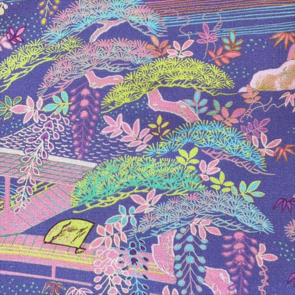 Close up of Elegant Garden cotton fabric by Nora with a finely detailed Japanese landscape featuring flowing streams, delicate wisteria, and trees, imported from Japan