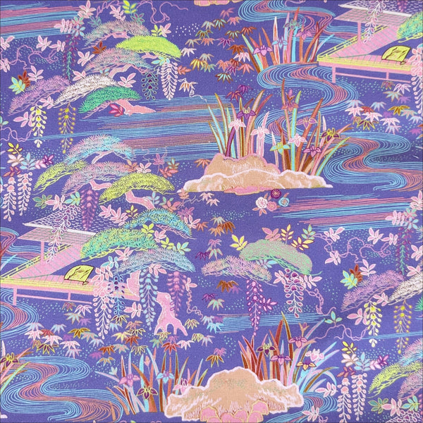 Elegant Garden cotton fabric by Nora with a finely detailed Japanese landscape featuring flowing streams, delicate wisteria, and trees, imported from Japan