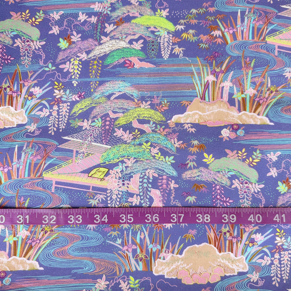 Scale of Elegant Garden cotton fabric by Nora with a finely detailed Japanese landscape featuring flowing streams, delicate wisteria, and trees, imported from Japan