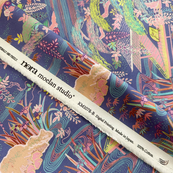 Selvage of Elegant Garden cotton fabric by Nora with a finely detailed Japanese landscape featuring flowing streams, delicate wisteria, and trees, imported from Japan