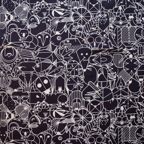 End Papers black organic cotton poplin fabric by Charley Harper for Birch Fabrics, featuring mid-century modern illustrations