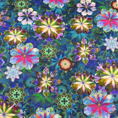 Cotton LAWN Venice Teal Kaleidoscope Floral Cotton Fabric Robert Kaufman