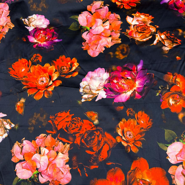 Digitally Printed Vibrant Floral Printed Italian Stretch Cotton Sateen Fabric, Made In Italy, Photo Real Apparel Fabric