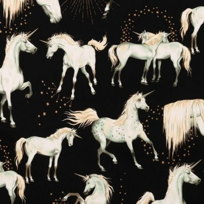 Alexander Henry Stars of the Unicorn Cotton Fabric in Black,  Unicorn Fabric