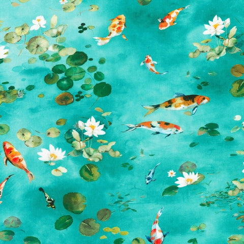 Lotus and Koi by Lauren Wan Cotton Fabric, Robert Kaufman AVMD-22606-70 AQUA