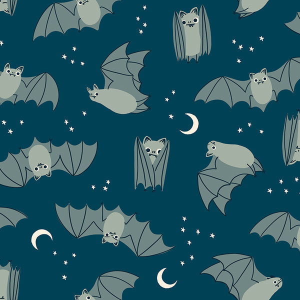 Fat Bats cotton fabric by Ruby Star Society featuring a pattern of bats scattered across a teal background.