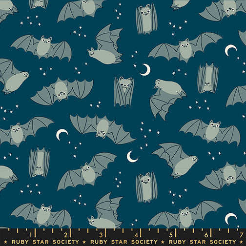 Scale of Fat Bats cotton fabric by Ruby Star Society featuring a pattern of bats scattered across a teal background.