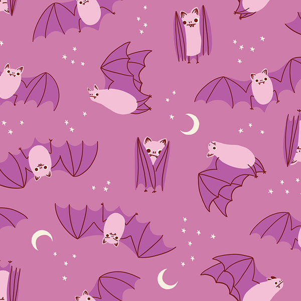 Fat Bats cotton fabric by Ruby Star Society featuring a pattern of bats scattered across a dusty orchid background.
