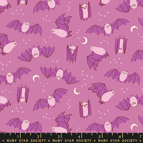 Scale of Photo Fat Bats cotton fabric by Ruby Star Society featuring a pattern of bats scattered across a dusty orchid background.