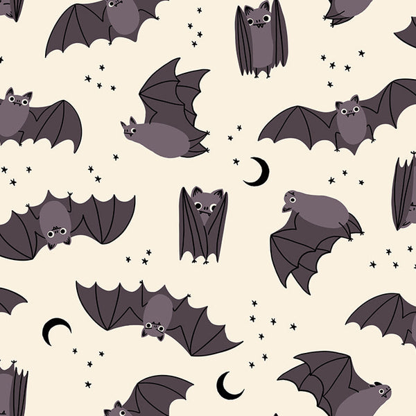 Fat Bats cotton fabric by Ruby Star Society featuring a pattern of bats scattered across a natural background.