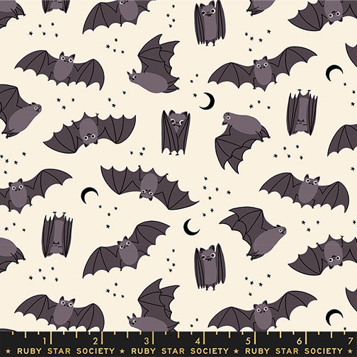 Scale of Fat Bats cotton fabric by Ruby Star Society featuring a pattern of bats scattered across a natural background.