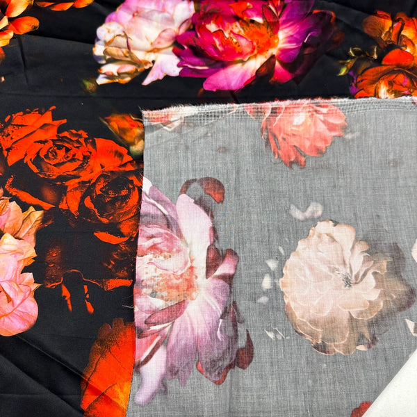 Digitally Printed Vibrant Floral Printed Italian Stretch Cotton Sateen Fabric, Made In Italy, Photo Real Apparel Fabric