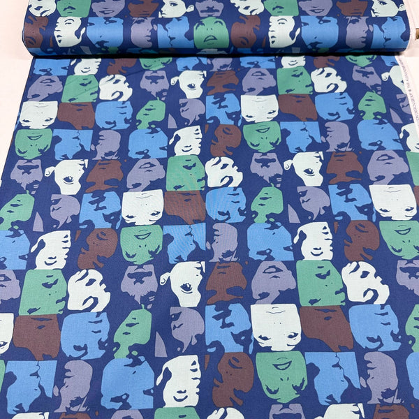 Alexander Henry In Crowd Retro Faces Cotton Fabric 6681 D Blue Brown