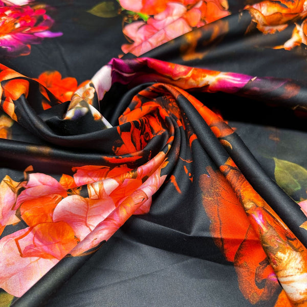 Digitally Printed Vibrant Floral Printed Italian Stretch Cotton Sateen Fabric, Made In Italy, Photo Real Apparel Fabric